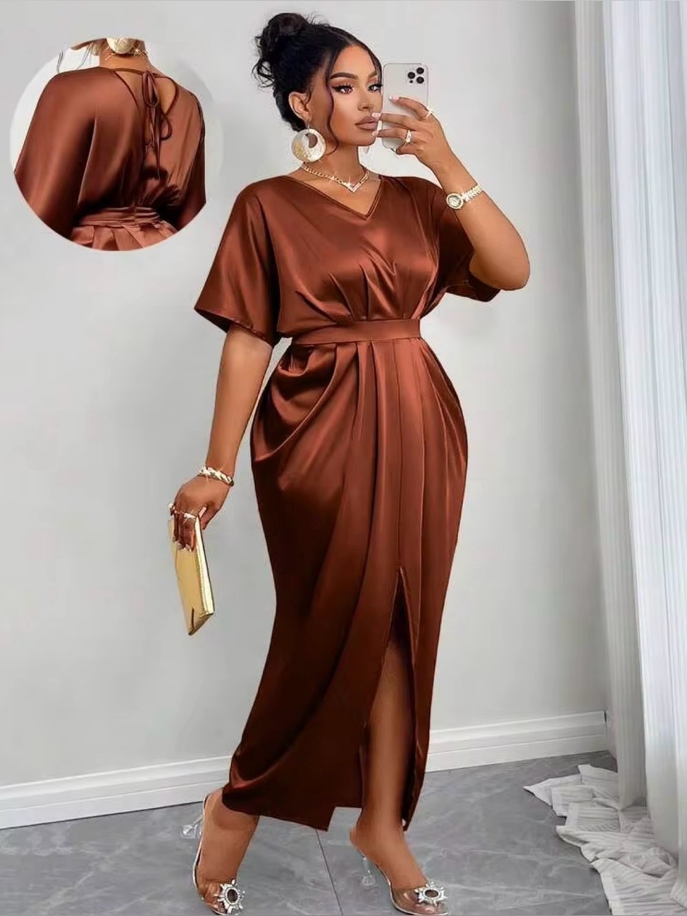 Rust Red Women's V-Neck Maxi Dress